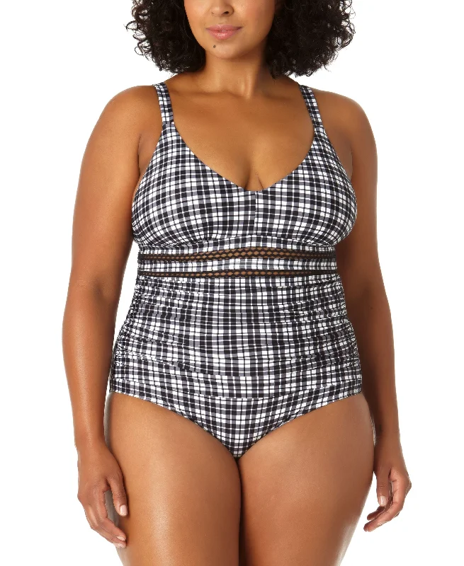 Plus Size Sheer-Trim One-Piece Swimsuit Tropical Print One-Piece