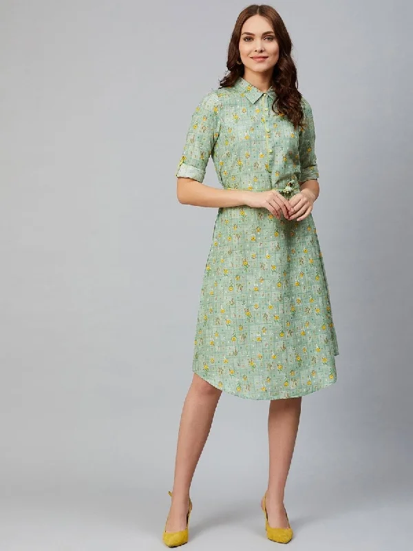 AURELIA Women Green & Yellow Floral Print Shirt Dress-- Collared Crew Neck Turtle Neck