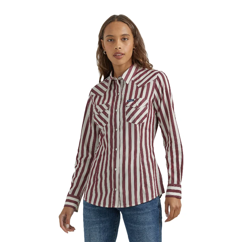 Wrangler Ladies Burgundy & White Stripe Snap Shirt 112353111-- Houndstooth Herringbone Solid Wrangler Ladies Burgundy & White Stripe Snap Shirt 112353111-- Houndstooth Herringbone Solid