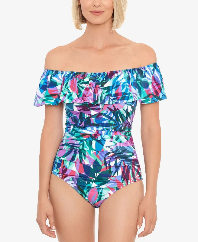 Off-The-Shoulder Tummy-Control One-Piece Swimsuit Mesh Detail Bikini