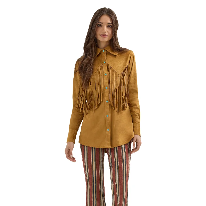 Wrangler Ladies Lainey Wilson Fringe Bone Brown Snap Shirt 112360615-- Collared Crew Neck Turtle Neck
