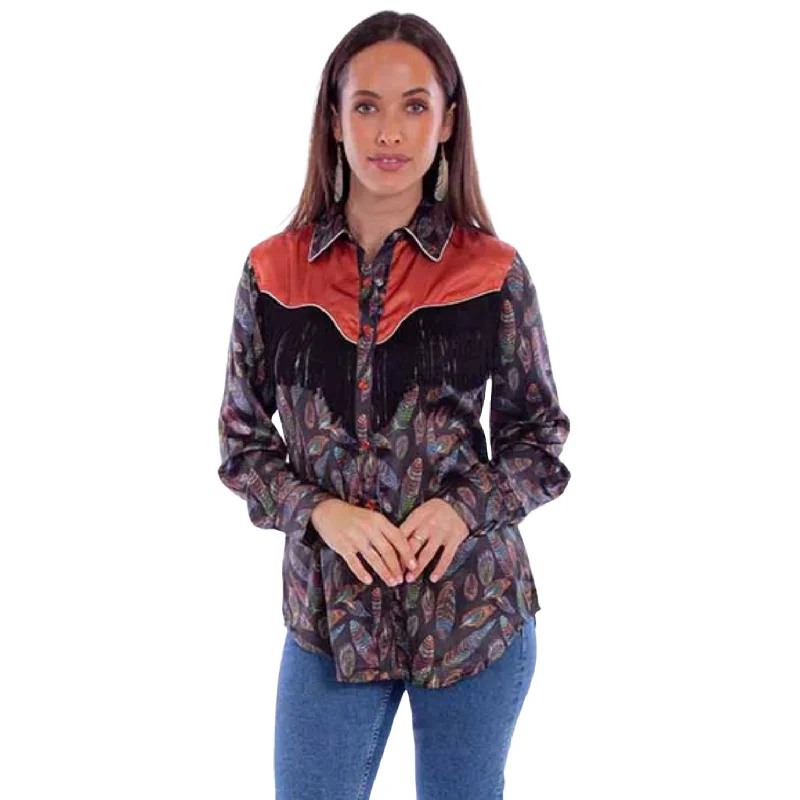 Scully Ladies Feathered Fringed Black Button Down Shirt HC871-- Asymmetrical Pockets Print