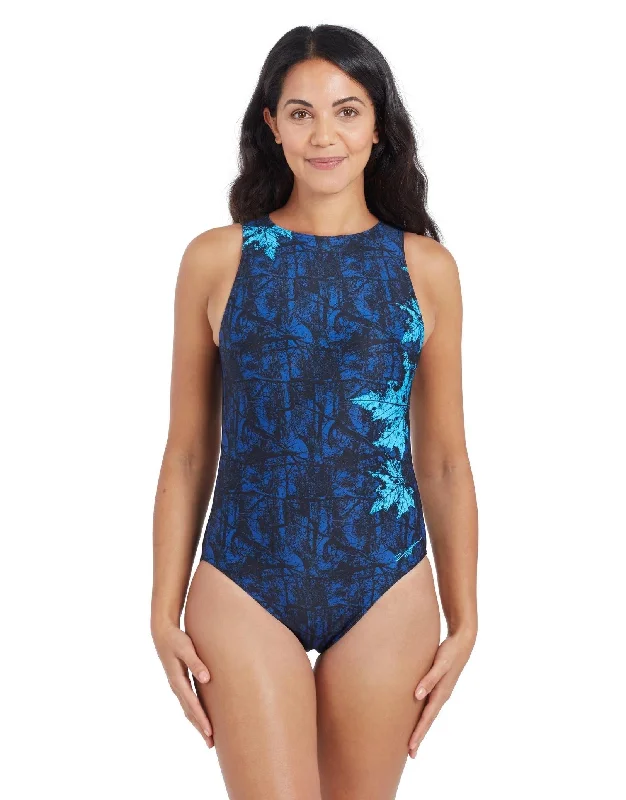 Zoggs Indigo Forest Hi Front Swimsuit Beachy Ruffle Bikini
