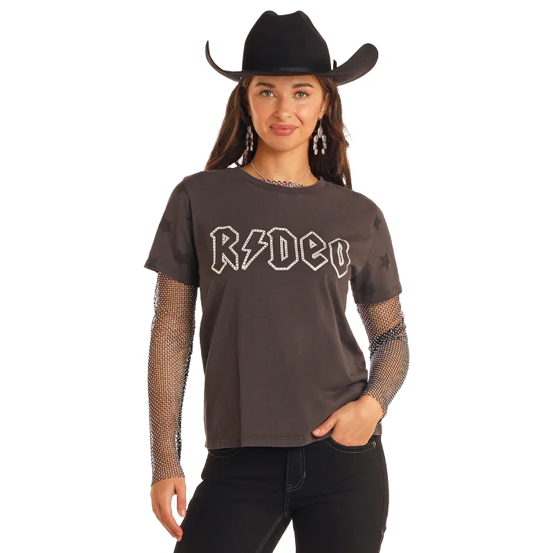 Rock&Roll Ladies Rhinestone Rodeo T-Shirt BW21T05410-- Mesh Blend Leather Blend Suede Blend
