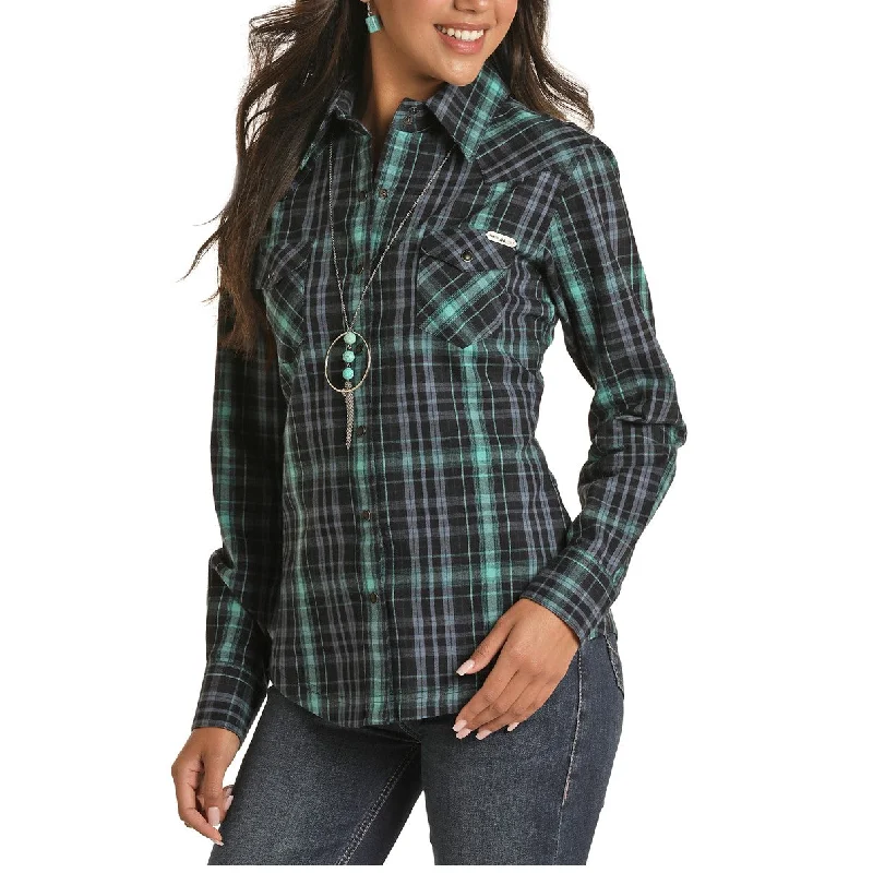Powder River Ladies Herringbone Navy Plaid Snap Shirt 22S1856-41-- Rayon Velvet Corduroy Powder River Ladies Herringbone Navy Plaid Snap Shirt 22S1856-41-- Rayon Velvet Corduroy