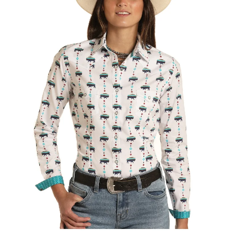 Panhandle Rough Stock Ladies Buffalo Printed Long Sleeve Shirt R4S8455-- Mesh Canvas Denim Panhandle Rough Stock Ladies Buffalo Printed Long Sleeve Shirt R4S8455-- Mesh Canvas Denim