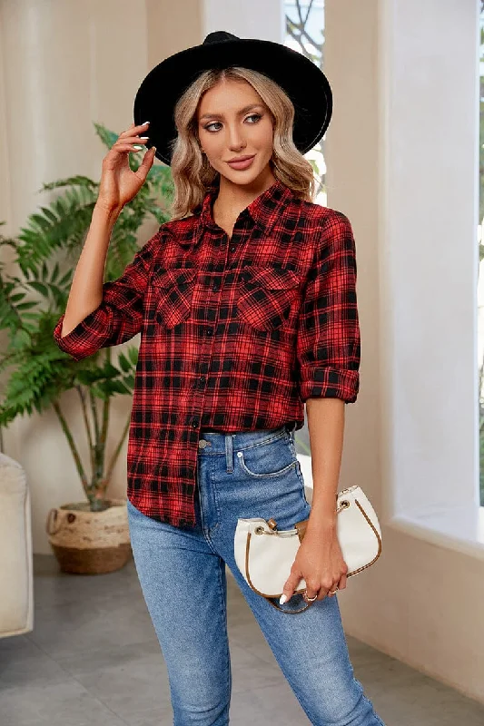 Plaid Curved Hem Long Sleeve Plaid Shirt-- Lace Blend Ribbed Blend Corduroy Blend