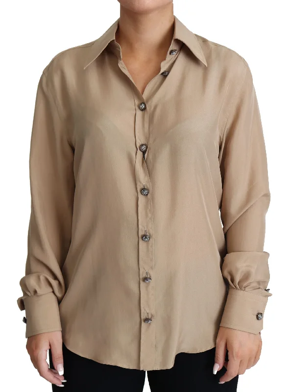 Dolce & Gabbana Elegant Beige Silk Women's Shirt-- Real Fur Shearling Chenille