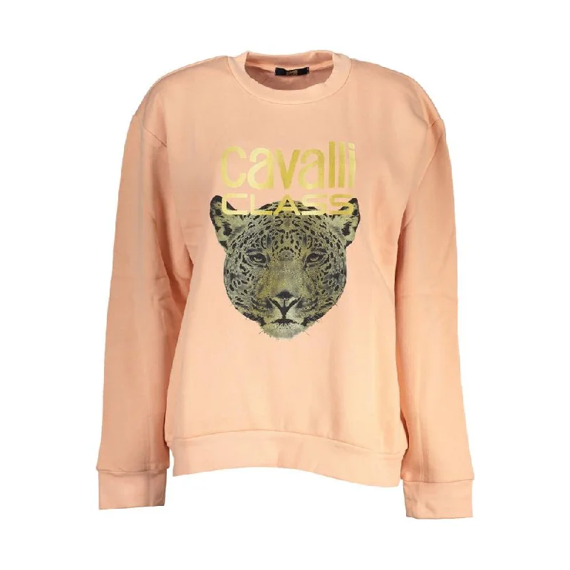 Cavalli Class Chic Pink Fleece Crew Neck Sweatshirt Hoodie with Oversized Fit Loose Comfortable