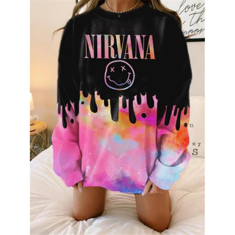 Autumn Winter Women Round Neck Letter Printed Loose Sweatshirt Hoodie with Toggle Buttons Decorative Unique