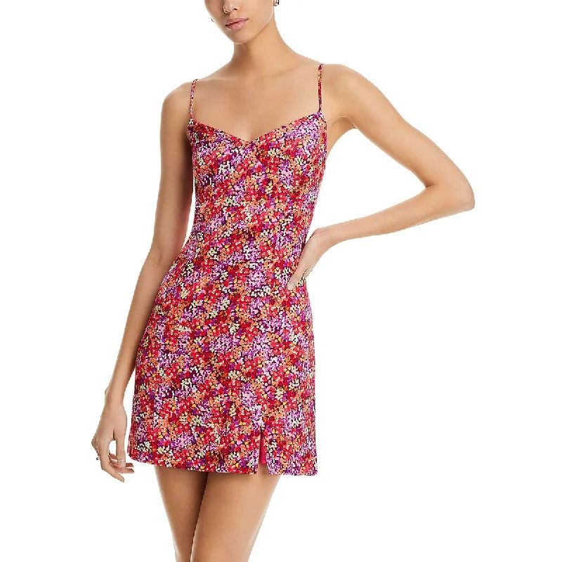 Womens Floral Print Satin Slip Dress Crew Neckline Casual