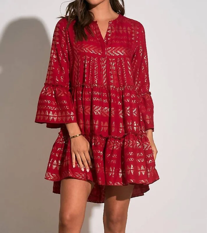 Metallic Tiered Dress In Ruby With Gold Turtleneck Neckline Stylish