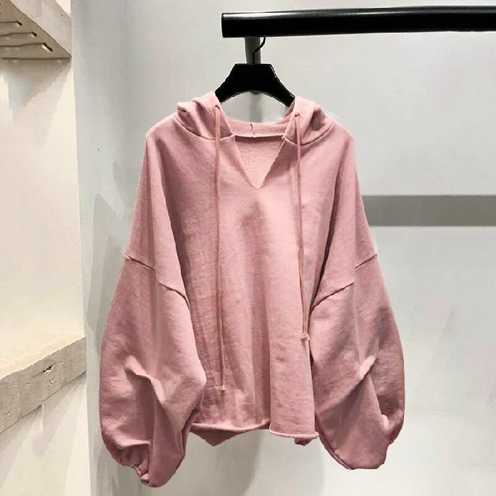 Fashion Young Women Large Size Solid Color V-Neck Puff Sleeve Loose Hoodie Hoodie with Full-Zip Functional Layering