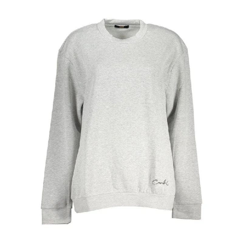 Cavalli Class Chic Gray Embroidered Crew Neck Sweatshirt Hoodie with Monochrome Minimalist Simple