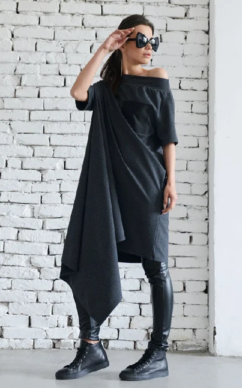 Oversize Open Shoulder Dark Gray Dress Turtleneck Warm Winter
