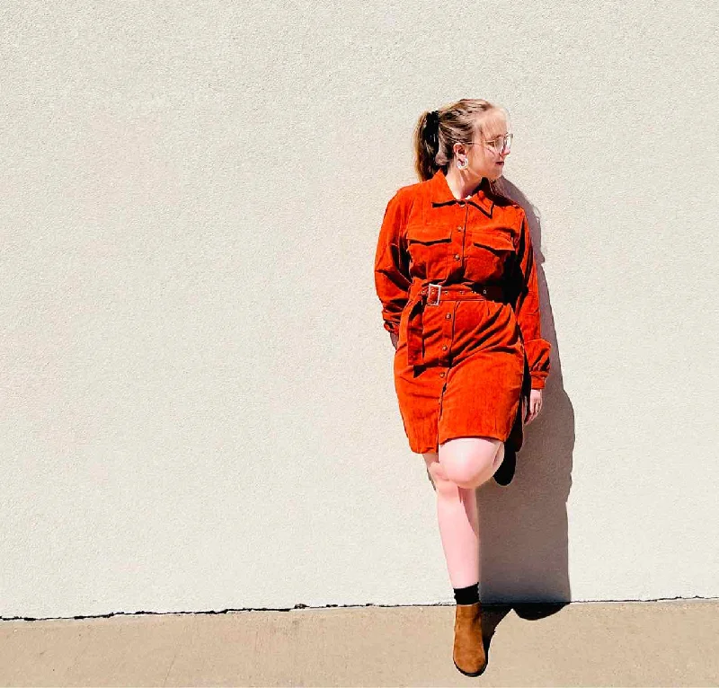 Size M Pumpkin Button-down Corduroy Belted Dresses Dress Tunics Mesh breathable