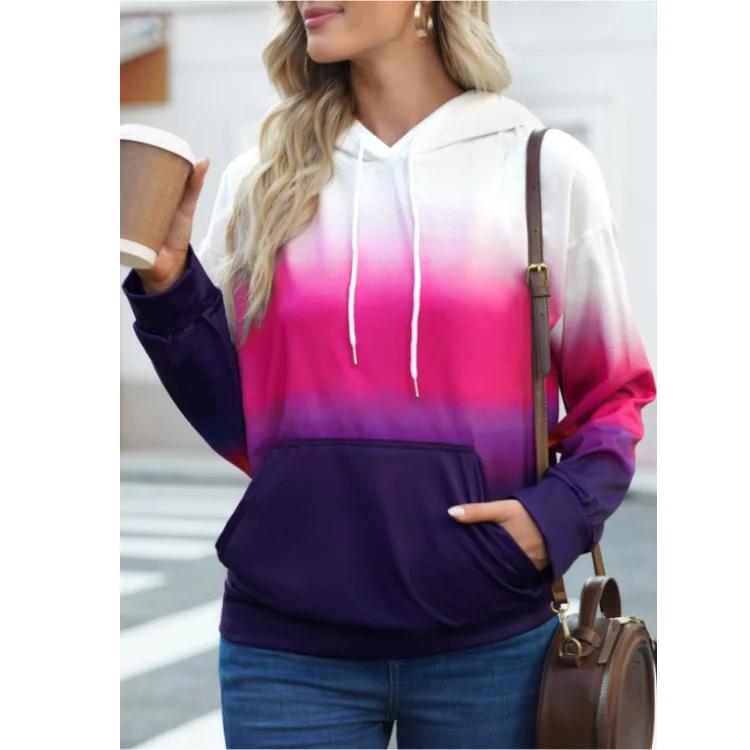 2 Pieces Women'S Autumn/Winter Gradient Print Kangaroo Pocket Hoodie Sweatshirt Hoodie with V-Neck Classic Versatile