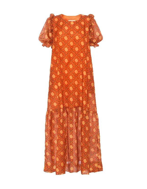 Robyn Orange Portrait Print Silk Voile Dress Tunics Custom made