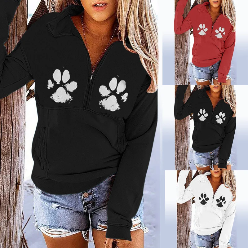 Women Casual Animal Footprint Pattern Loose Long Sleeve Hoodie Hoodie with Fur Luxurious Winter