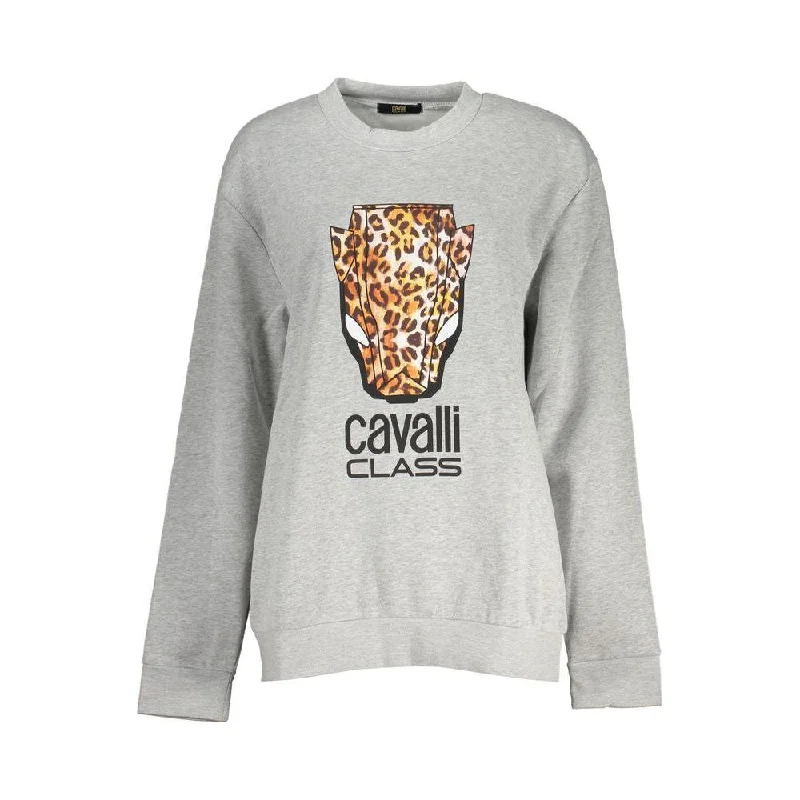 Cavalli Class Chic Gray Crew Neck Fleece Sweatshirt Hoodie with Rhinestones Sparkly Elegant