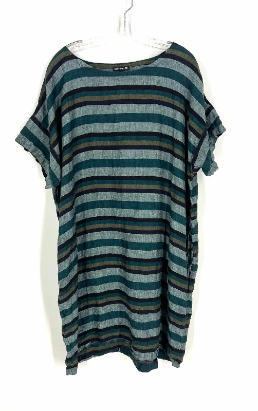 Eileen Fisher Size XL Black/Teal Stripe Linen Designer Dress Crew Neckline Sporty