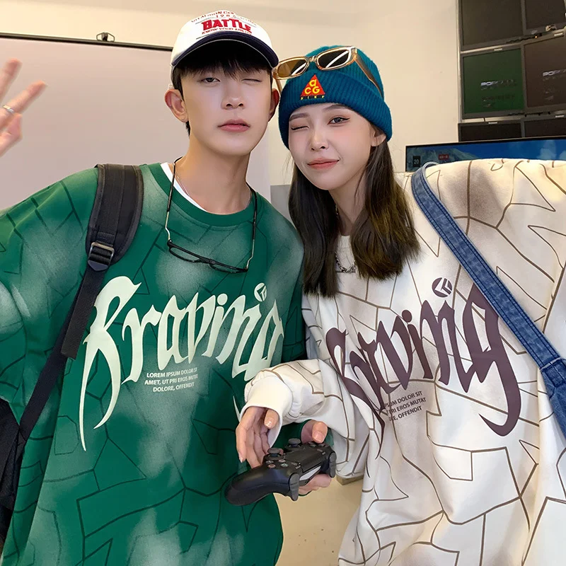Unisex Fashion Round Neck Long Sleeve Letter Print Loose Sweatshirt Hoodie with Rolled Sleeves Casual Relaxed