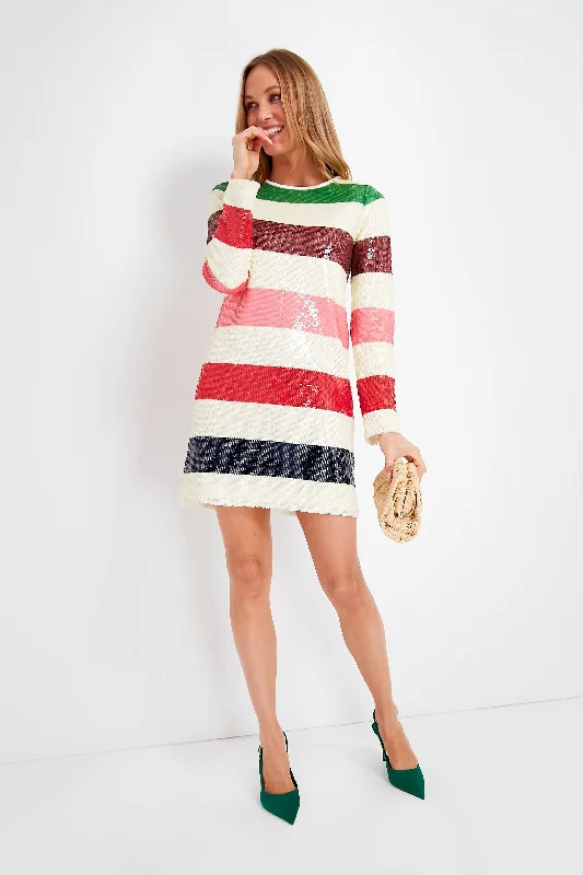 French Cream Multi Adventure Stripe Sequin Shift Dress Tunics Wedding white