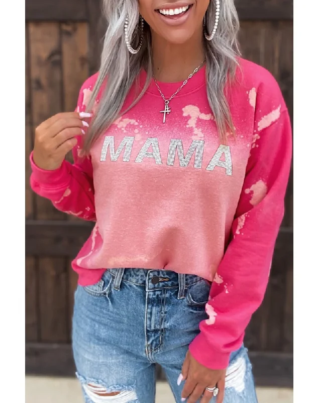 Women Autumn Winter Vintage Casual Gradient Pink Mama Letter Print Sweatshirt Hoodie with Puffed Sleeves Voluminous Trendy