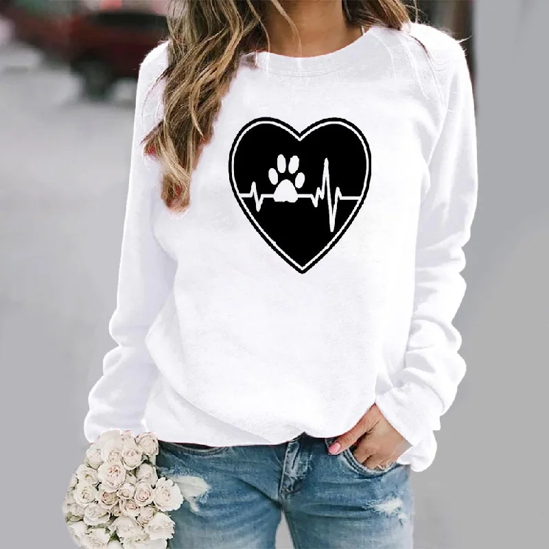 Fashion Women Casual Long Sleeves Round Neck Footprint Heart Print Sweatshirt Hoodie with High Neck Warm Protective