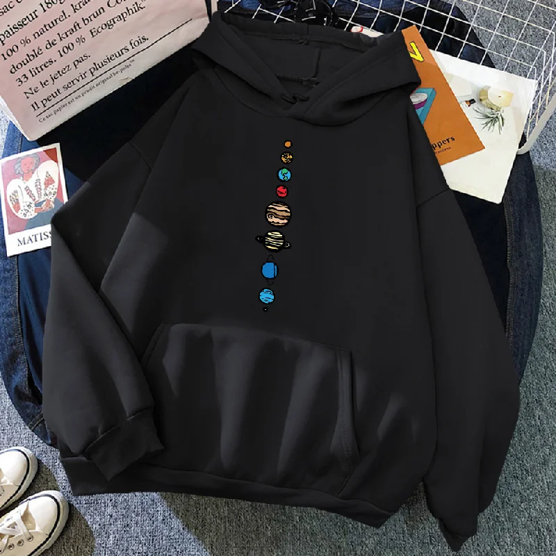 Women'S Basic Long Sleeve Hat Rope Pocket Design Solar System Printed Hoodie Hoodie with Exposed Zipper Edgy Industrial