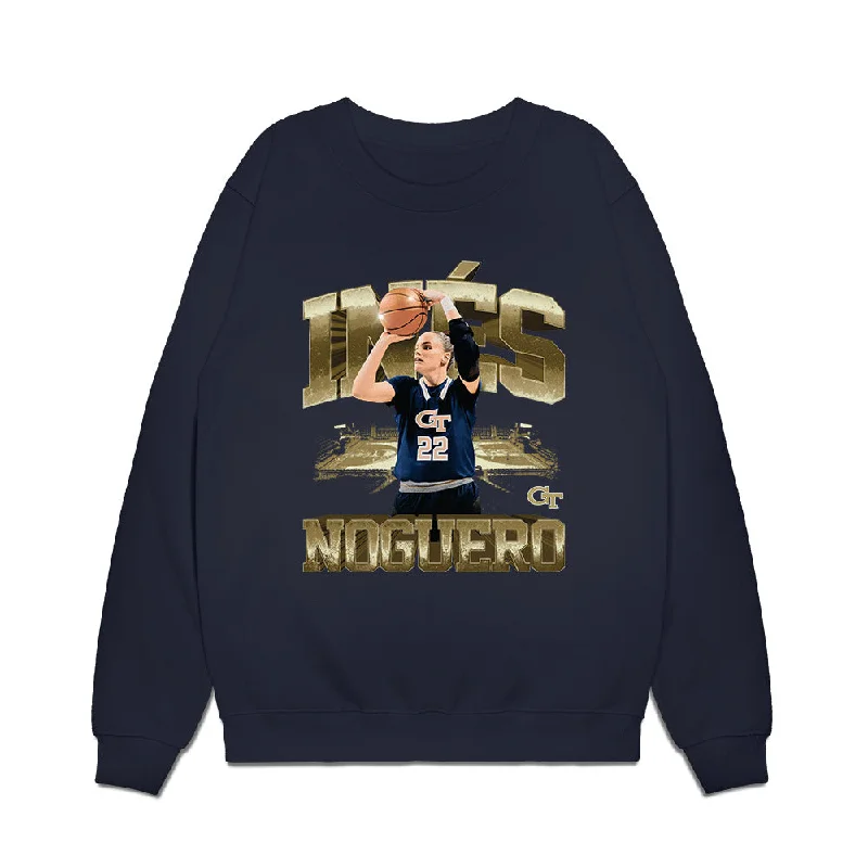 Georgia Tech - NCAA Women's Basketball : Ines Noguero - Player Collage Premium Crewneck Sweatshirt Hoodie with Hem Fringe Bohemian Relaxed