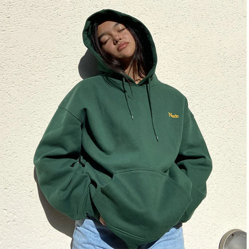 Fashion Casual Letter Printing Women'S Loose Long-Sleeved D.Green Top Sweatshirts Hoodie with Set-In Sleeves Structured Classic
