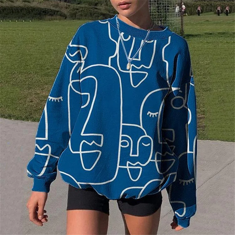 Women Printed Round Neck Long Sleeve Loose Casual Top Sweatshirt Hoodie with Front Slit Layering Stylish