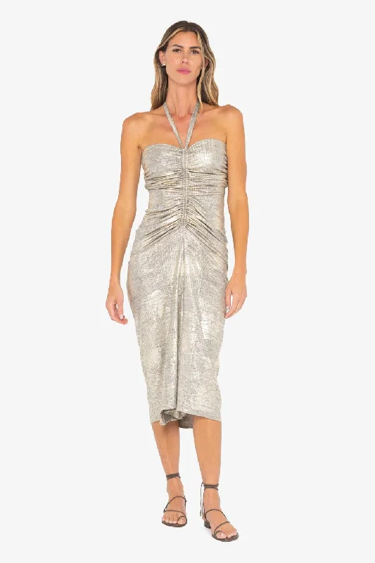 JBQ THE LABEL DALIA DRESS IN WASHED METALLIC Cowl Neckline Elegant