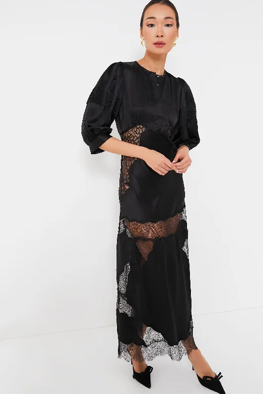 Black Charmeuse Lace Bias Dress Tunics Winter warm
