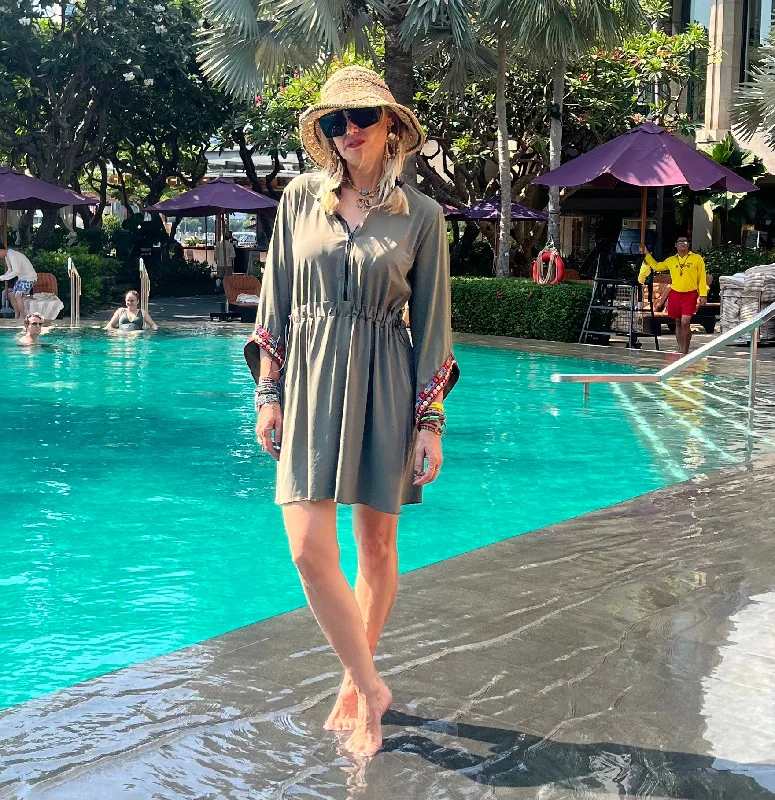 Swimwear dress Dr2302bs-Ethnic style - Kaki short length Tunics Cozy soft