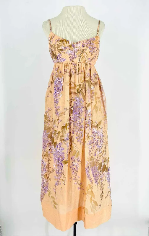 Size 6 Peach/Purple Floral Maxi Designer Dress Tunics Sophisticated sleek
