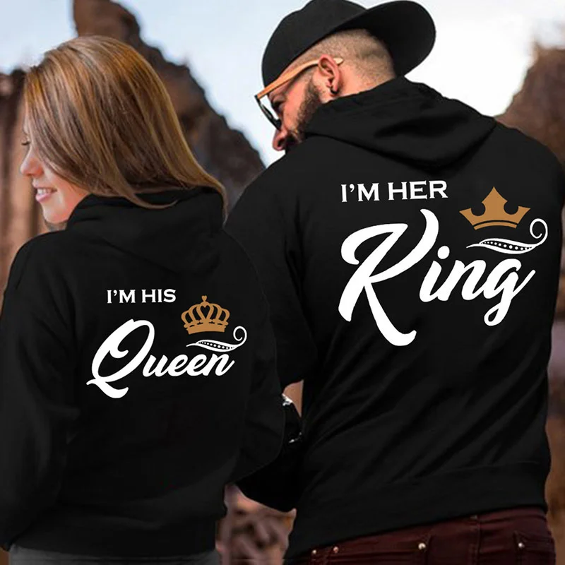 Couple Outfit Her King His Queen Letter Printed Couple Hooded Sweatshirt Hoodie with Mock Neck Collared Structured