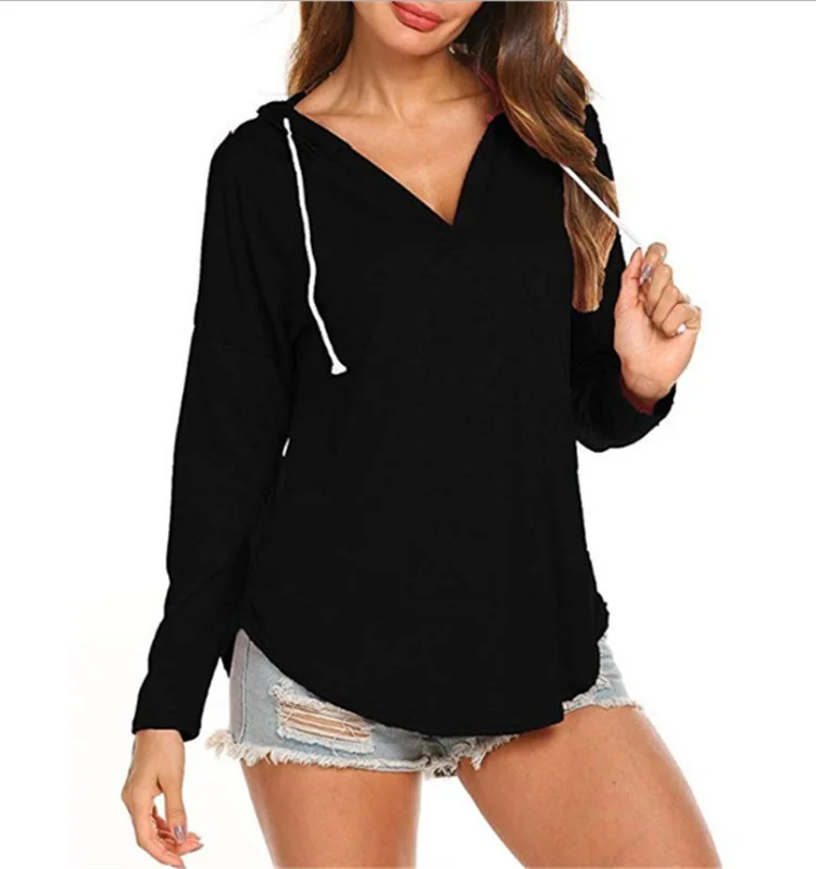 Women Casual V-Neck Plus Size Fashion Long Sleeve Top Irregular Hem Sweatshirt A Hoodie with Pastel Soft Subtle