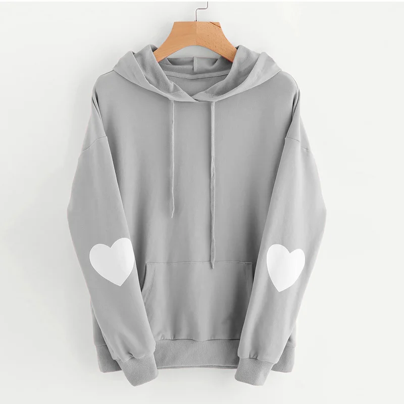 Women Casual Long Sleeve Sweet Heart Print Solid Color Hoodie Hoodie with Bell Sleeves Flared Feminine