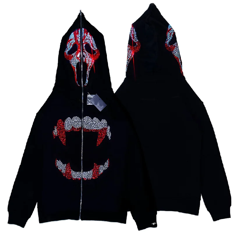 Women Fashion Y2k Edgy Rhinestone Shark Patter Hoodie Hoodie with Ribbed Neckline Snug Warm