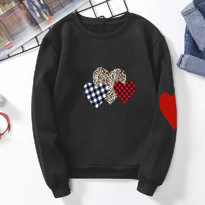 Women Casual Basic Heart Printed Round Neck Sweatshirt Hoodie with Tied Waist Feminine Flattering