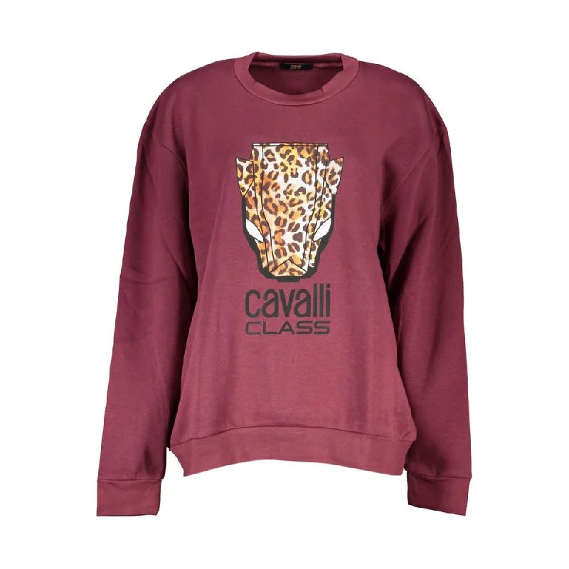 Cavalli Class Elegant Purple Crew Neck Fleece Sweatshirt Hoodie with Distressed Vintage Worn