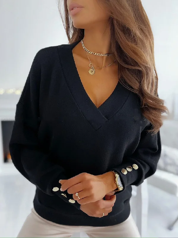 Women Fashion Simple Solid Color Long-Sleeved V-Neck Button Sweatshirt Hoodie with Crew Neck Simple Timeless