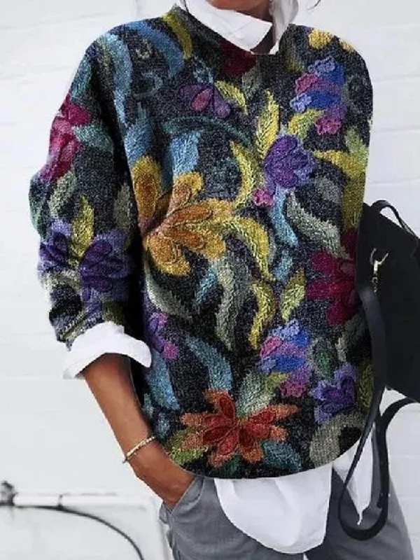 Women Fashion Painting Floral Print Loose Long Sleeve Sweatshirt Hoodie with Thumb Holes Functional Cozy