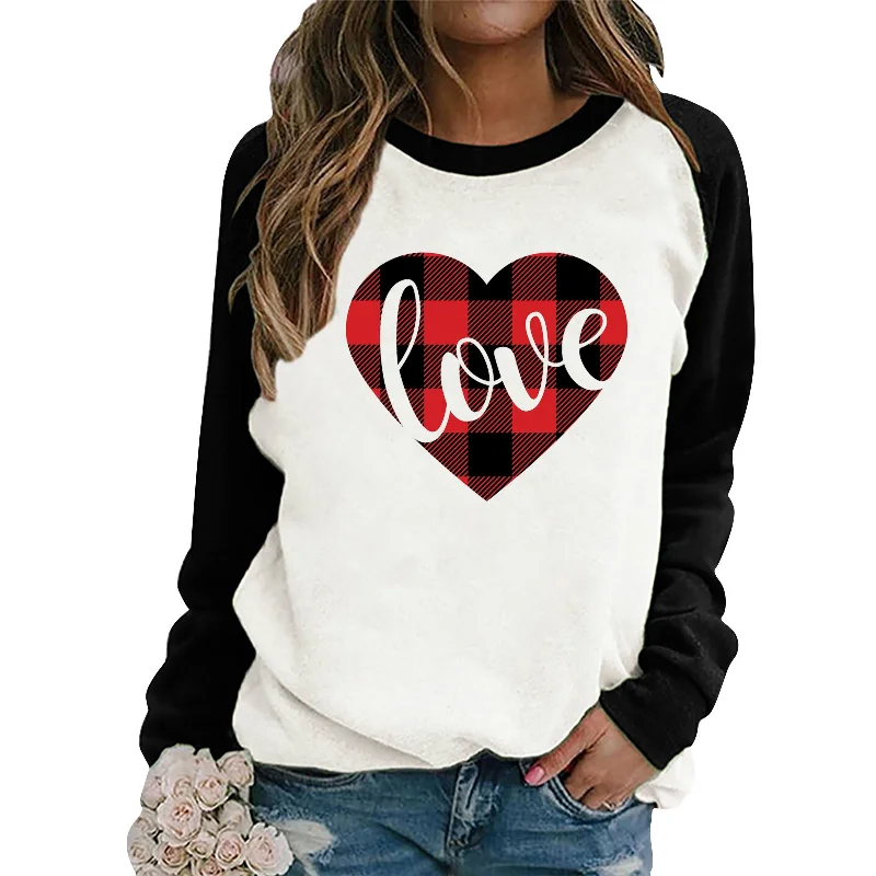 Valentine'S Day Fashion Women'S Long Sleeve Heart Printing Crew Neck Sweatshirt Hoodie with Color Block Contrast Stylish