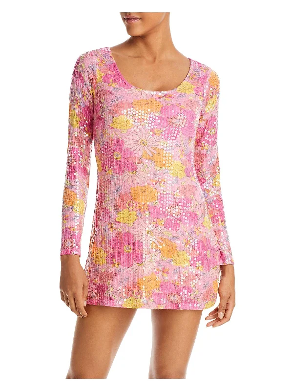 Womens Floral Print Sequined Shift Dress Elegant Long Evening