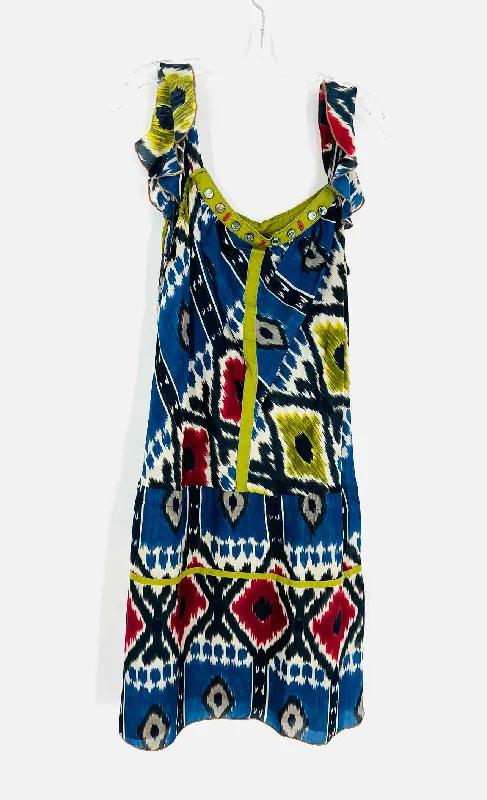 Burning Torch Size L Navy/Multi Print Embellished Designer Dress Off-the-shoulder Chic Trendy