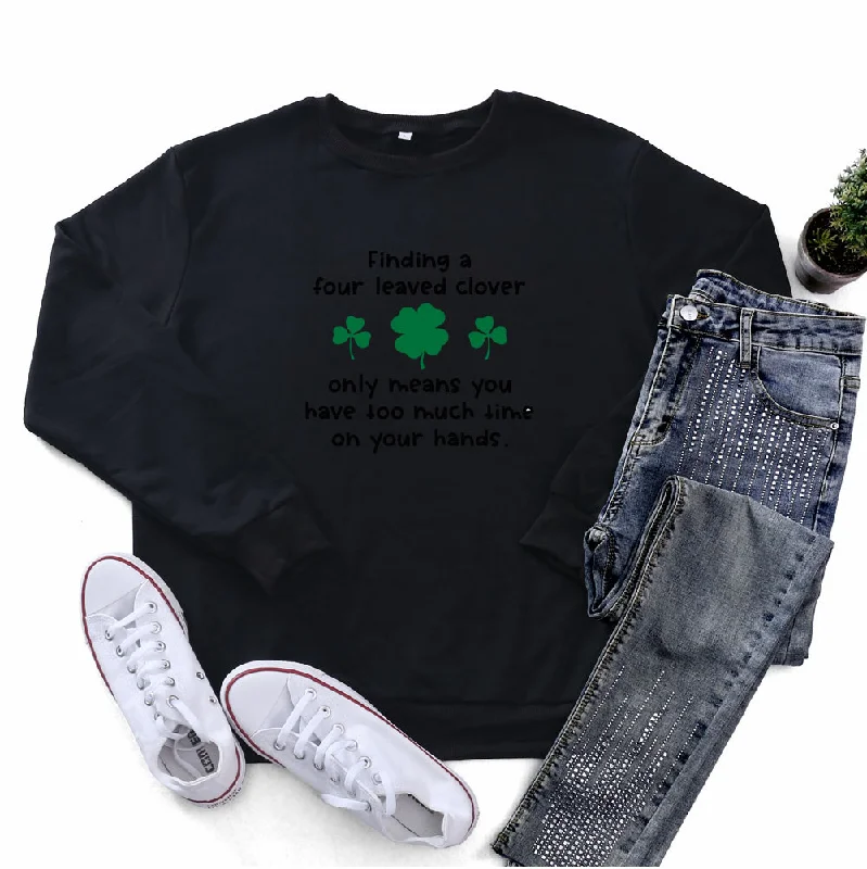 St.Patrick'S Day Fashion Women'S Long Sleeve Four Leaf Clover Letter Print Round Neck Sweatshirt Hoodie with Side Slits Relaxed Casual