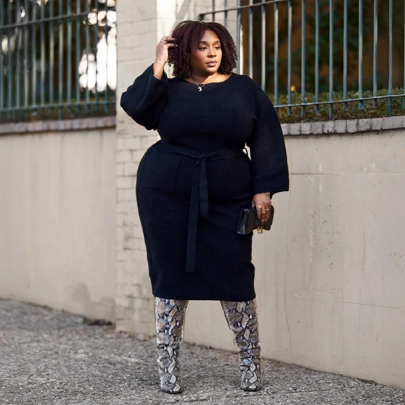 Midi Knitted Cocoon Dress - Black Tunics Stylish elegant
